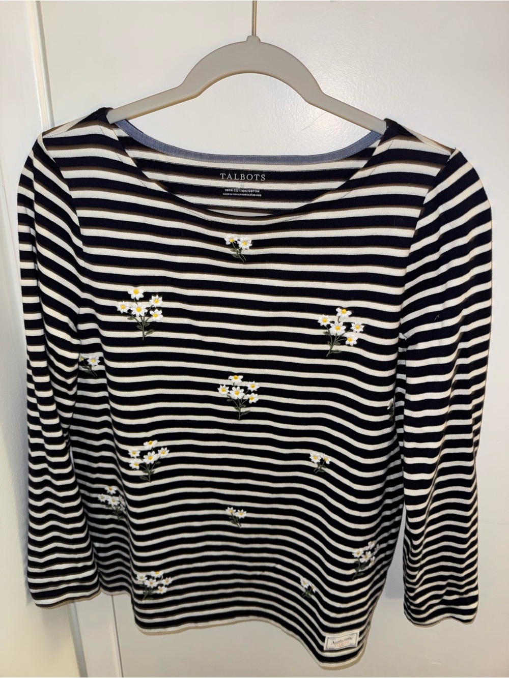 Authentic Cotton Talbots Navy & White Striped Daisy Embroidered Long-Sleeve Top